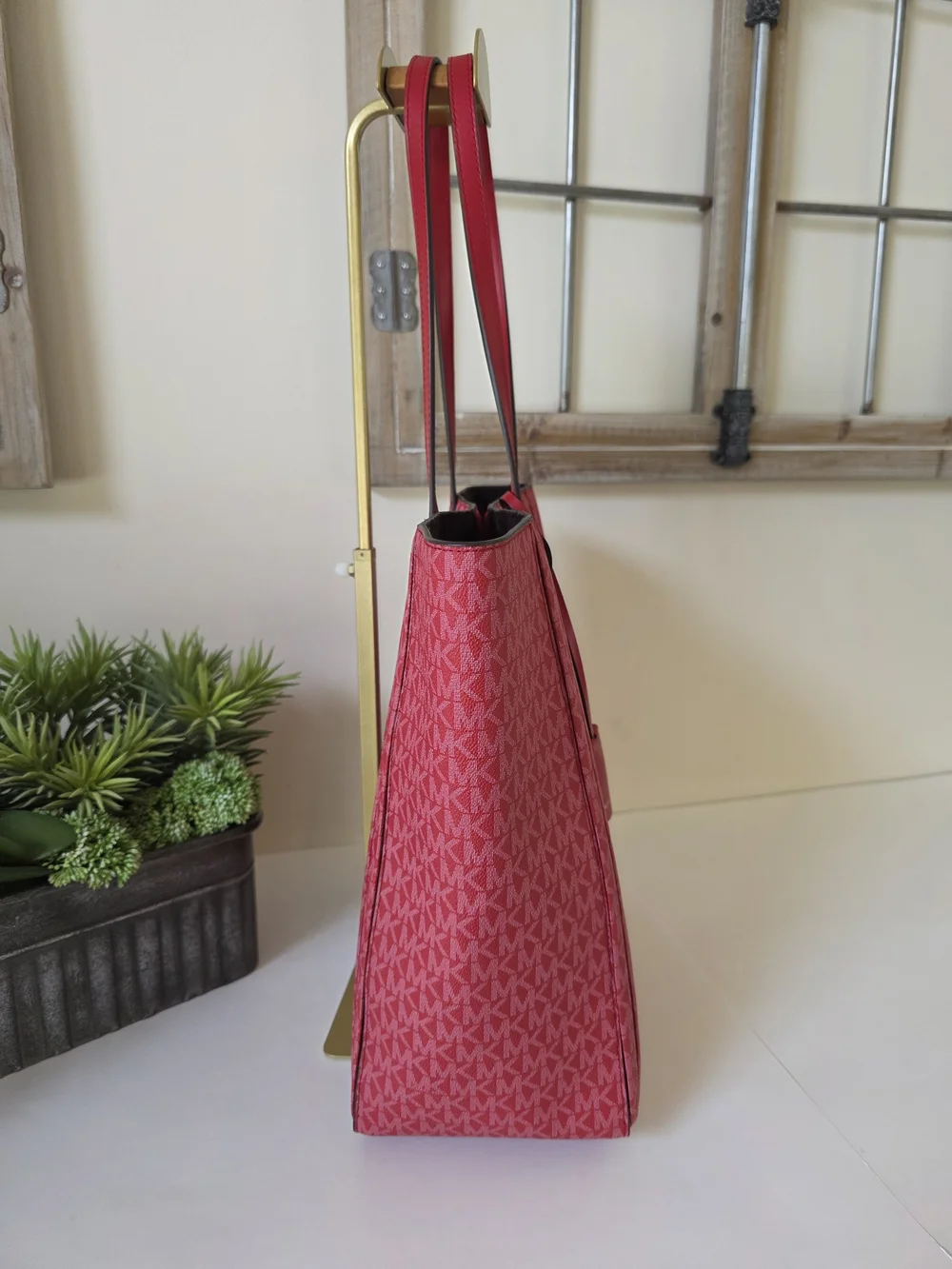 Michael Kors Sinclair Large Pleated Shopper Tote Crimson Red Signature Logo